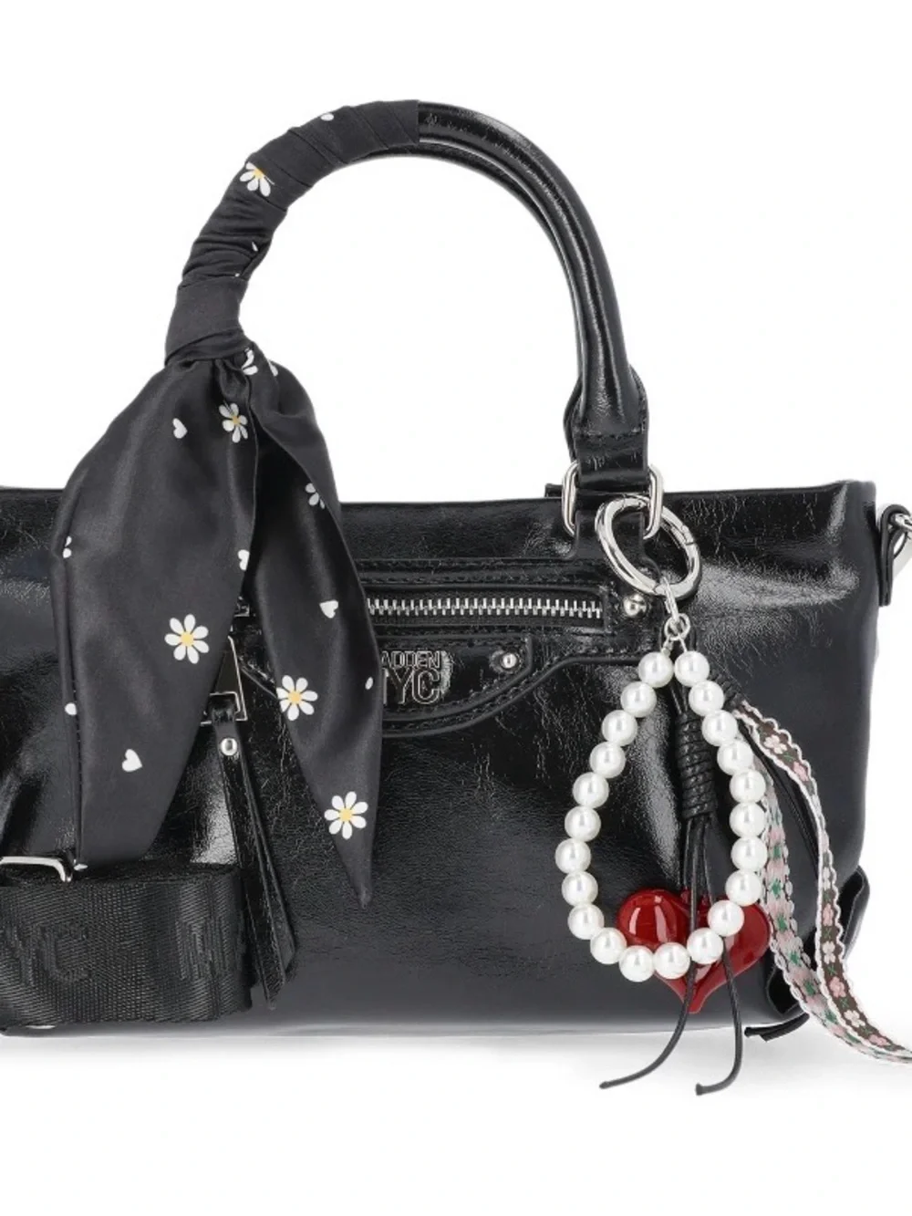 Madden NYC Black Patent Leather Satchel with Pearl Charm